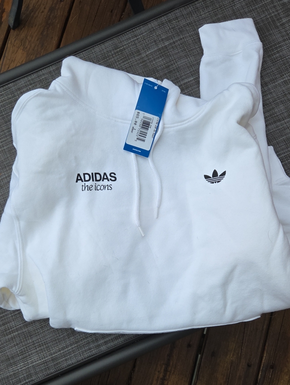 adidas White Hoodie with Black Trefoil and 'the icons' Text